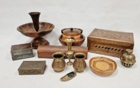 Assorted South American wooden items to include bowls, boxes, etc and assorted brassware
