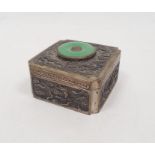 Chinese silver-coloured metal trinket box, square with jade-coloured circular stone inserted to lid,