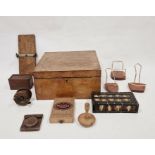 Oak box, a vintage fly reel, ebony box decorated with porcupine quills, and various treen items