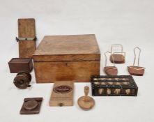 Oak box, a vintage fly reel, ebony box decorated with porcupine quills, and various treen items