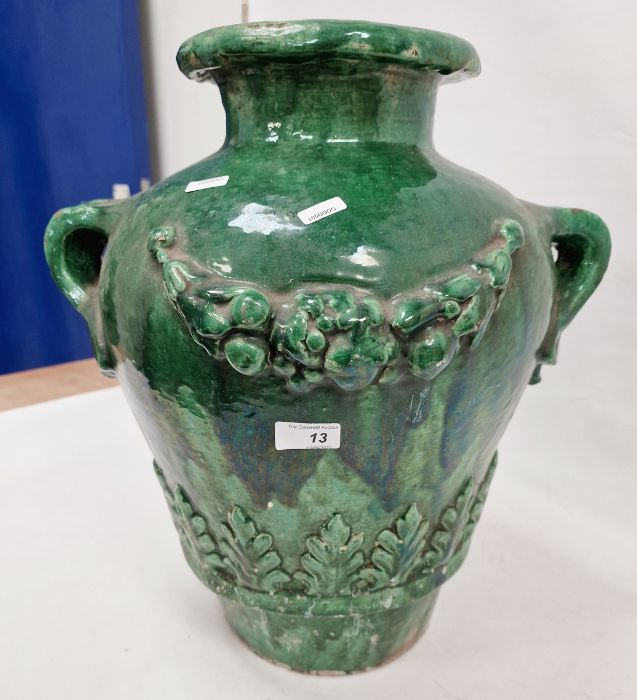 19th century French / Continental green glazed searthenware twin-handled pot with wreath and leaf - Image 3 of 6