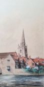 Ken Messer (20th century) Watercolour Study of town by river, signed lower left, 34.5cm x 17.5cm