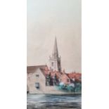 Ken Messer (20th century) Watercolour Study of town by river, signed lower left, 34.5cm x 17.5cm