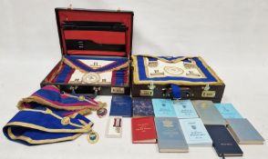 Two leather cases and contents of assorted Masonic regalia and books