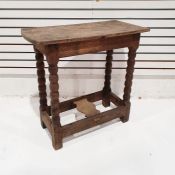 Oak occasional table on bobbin turned supports, stretchered base, 66cm x 71cm x 32cm