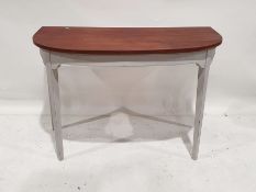 Modern hall table, the D-shaped mahogany top on white painted base, to tapering supports, 71cm x