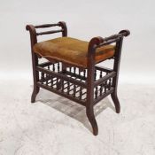 Late Victorian/early Edwardian piano stool with yellow upholstered seat, spindle turned gallery