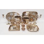 Various silver-plate to include a two-handled urn, teaset, candlesticks, trays, butter dishes,