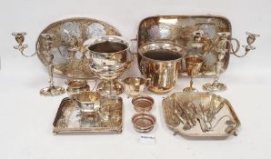 Various silver-plate to include a two-handled urn, teaset, candlesticks, trays, butter dishes,