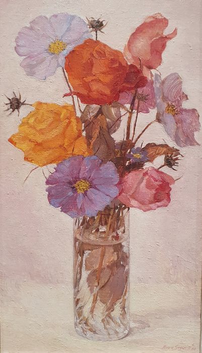 Alvaro Segovia  Oil on canvas  "Intima Primavera", still life study of flowers in vase, signed and