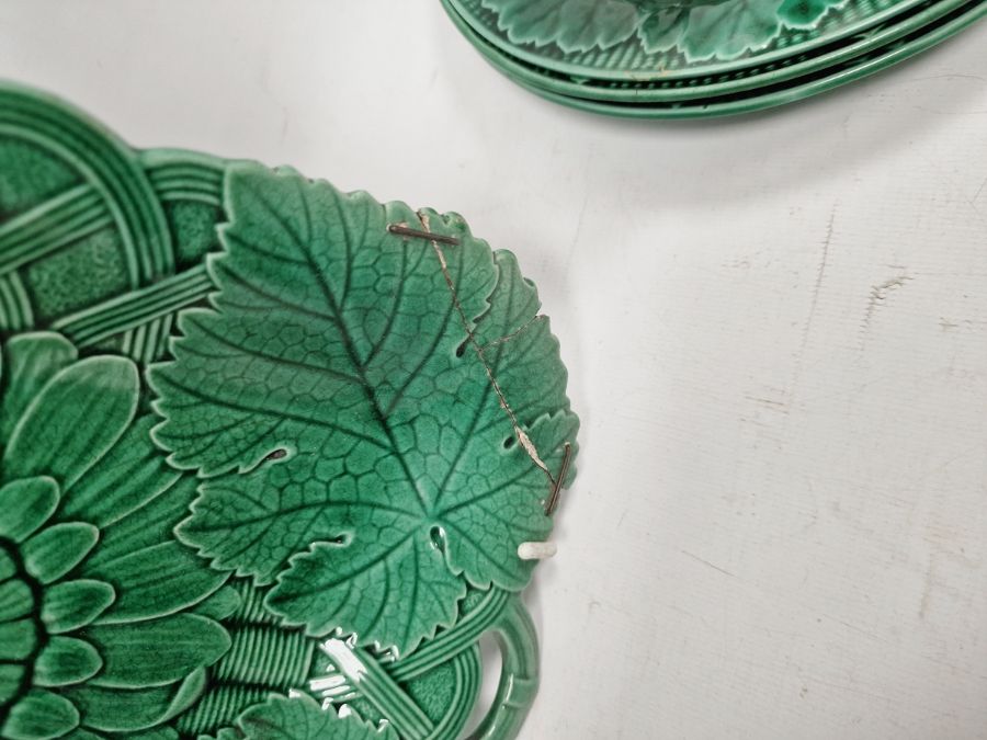 Wedgwood majolica leaf plates, tazza, serving dishes and a Royal Dux wall-hanging mallard duck - Image 3 of 5