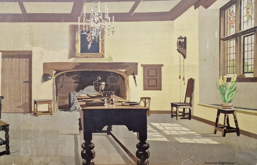 After Norman Wilkinson Lithograph  17th century-style house interior, 75cm x 104cm