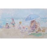 20th century school Watercolour Figures on beach, indistinctly initialled lower left, 14cm x 23cm