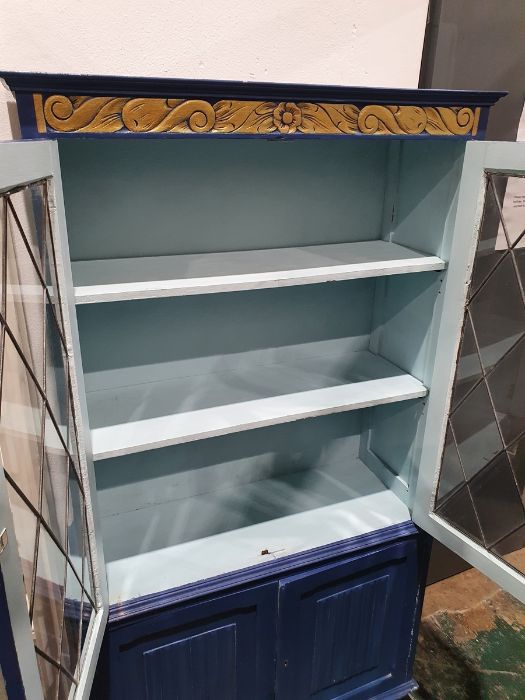 20th century painted cabinet, the leaded glazed doors enclosing shelves above two linenfold cupboard - Image 15 of 21