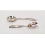 Foreign silver spoon with filigree decorated handle marked '830', 0.5ozt and a silver scoop engraved