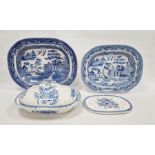 Assorted blue and white meat plates and tureens to include willow meat plate, Staffordshire,