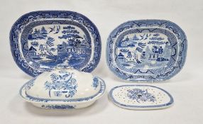 Assorted blue and white meat plates and tureens to include willow meat plate, Staffordshire,