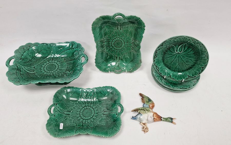 Wedgwood majolica leaf plates, tazza, serving dishes and a Royal Dux wall-hanging mallard duck - Image 2 of 5