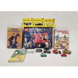 Box of assorted toys to include Lego Technics, assorted Corgi and Matchbox toy cars, vans etc