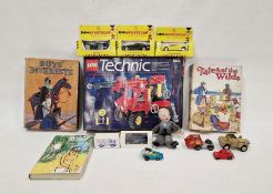 Box of assorted toys to include Lego Technics, assorted Corgi and Matchbox toy cars, vans etc