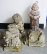 Four composite stone garden ornaments to include a gnome, a mill, a seated hedgehog and one