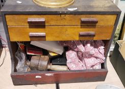 Small wooden tool box including tools such as drill bits, various measuring items, calipers, etc