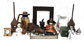 Carved hardwood model of a goldfish, a carved hardwood model of an African lady, a Japanese doll,