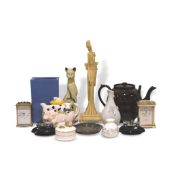 Novelty teapot decorated with cow and pig, a resin sculpture of a cat, a resin model of a Chinese