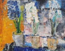 20th century school Acrylic on canvas Still life featuring three potted plants, unsigned, together