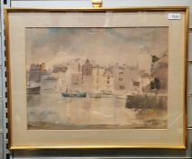 Sybil Mulland Glover - 20th century Watercolour Town scene by a river with moored boats, signed