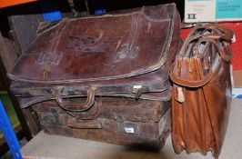 Vintage leather suitcase inscribed to top 'Sgt Russell Jones RAF' and two further leather bags (3)