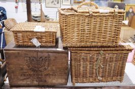 Wicker basket, a wicker picnic hamper, a small wicker case and a wooden box stamped 'Francesco
