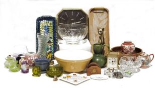 Denby teapot, a Bormioli Italy glass decanter, a milk glass vase with floral decoration, a Dunmore