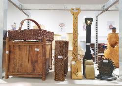 Three doorstops including one in form of stylised sun, bamboo planters and handled basket etc and