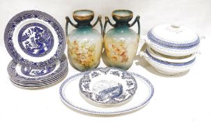 Set of six Swinnertons 'Old Willow' pattern dinner plates, Victorian vases with floral decoration,