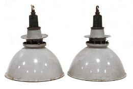 Pair of industrial metal and enamel ceiling lights (2) Condition ReportHeight 47cm Diameter 40.5cm