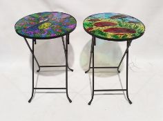 Pair of folding tables with colourful foil backed glass tops (2)