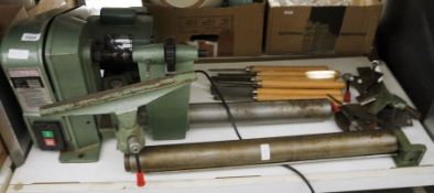 Nu-Tool Group five-speed wood lathe, model no CH-37 and assorted woodworking chisels