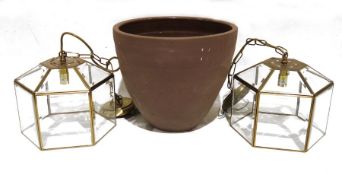Pair of hexagonal metal and glass ceiling lights and a large pottery plant pot holder (3)