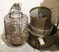 Large copper pot, a metal mesh ceiling light and various other metalwares