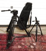 Manfrotto 503 tripod with case, serial no.A0514503 and 525MVB, two tennis rackets, a fishing net and
