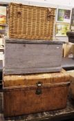 Metal trunk, a wicker picnic hamper and a painted wooden chest (3)