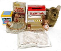 Vintage Mattel Disney Jack in the box, a Casdon Supercash childs toy till, a Casdon Junior cooker
