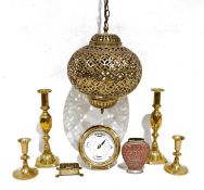 Copper coal bucket, a pair of brass candlesticks, another pair of smaller brass candlesticks, a