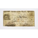 Five pound note issued at Bromsgrove Bank, 14th March 1848 Serial No. A1450.  Cashiers signature s
