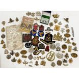 Collection of British military cap badges, cloth badges and rank markings (1 small box)