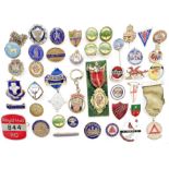 Collection of union, political and transportation brass enamel badges (1 box)