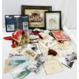 Framed collection of RAF buttons and badges, WW1 embroidered silk handkerchiefs, two books on