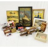 Mixed collectables to include a Titanic wooden relief painted plaque, binoculars, wooden toy