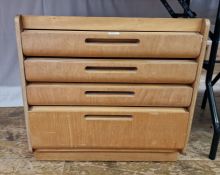 Light oak collectors chest of four long drawers, 61cm wide